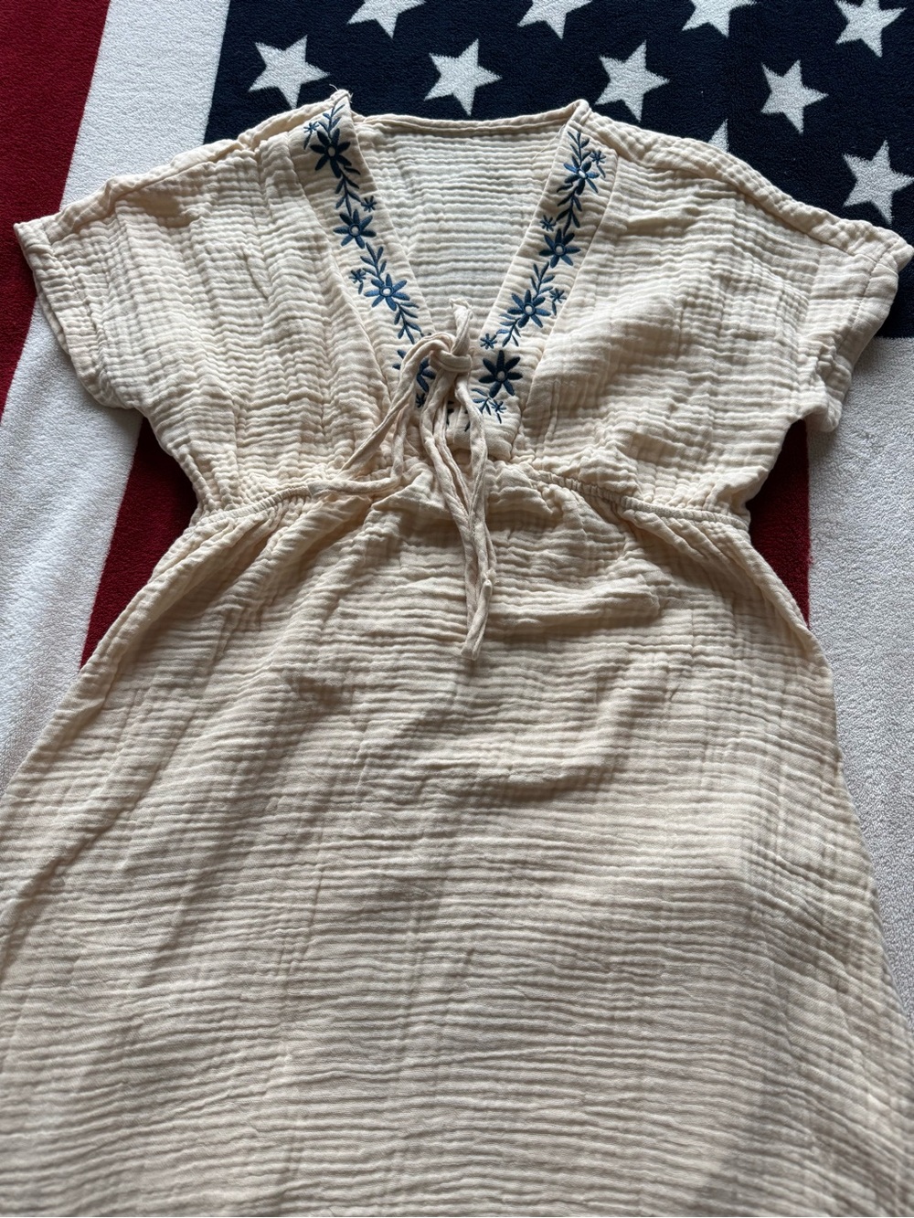 SHEIN Cream Midi Dress with Blue Embroidered V-Neck